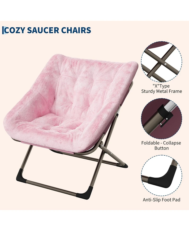 Folding Saucer Chairs Set of 2 Comfy Faux Fur Lazy Chair with Metal Frame 300 lb Capacity No Assembly Required for Bedroom Dorm Apartment