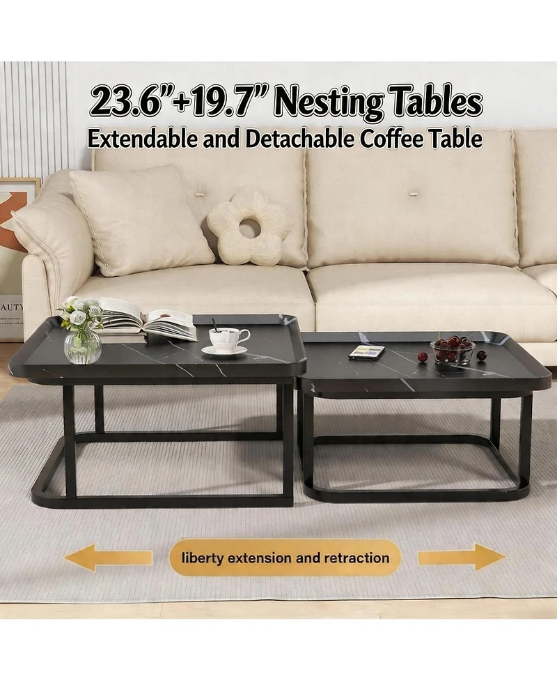 Set of 2 Black Nesting Coffee Tables, Mid-Century Modern Square Stackable Side Tables