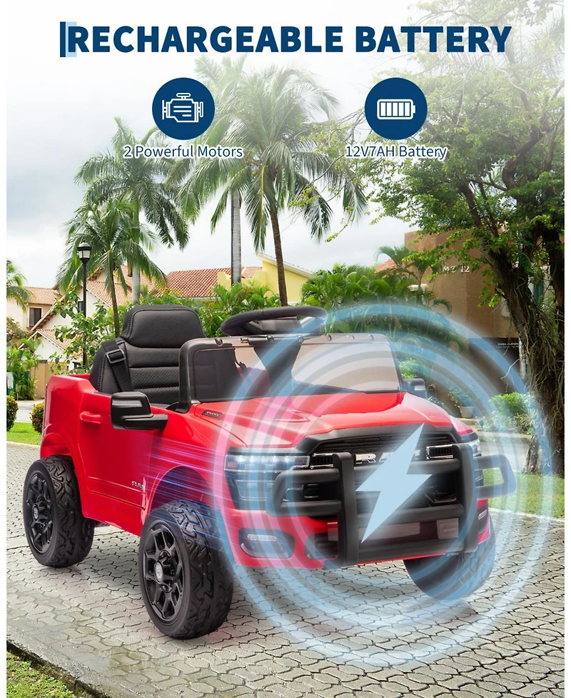 12V Licensed Ram Pickup Ride-On Vehicle, Parental Remote Control, Spring Shock Absorbers, Led Lighting, Built-In Music, Electric Play Truck for Kids
