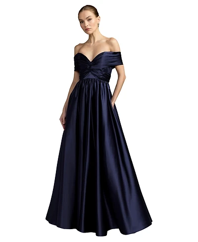 Mac Duggal Women's Navy Satin Off The Shoulder Twist Evening Ball Gown