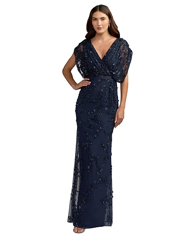 Mac Duggal Women's Beaded Floral Embroidered Mesh Gown