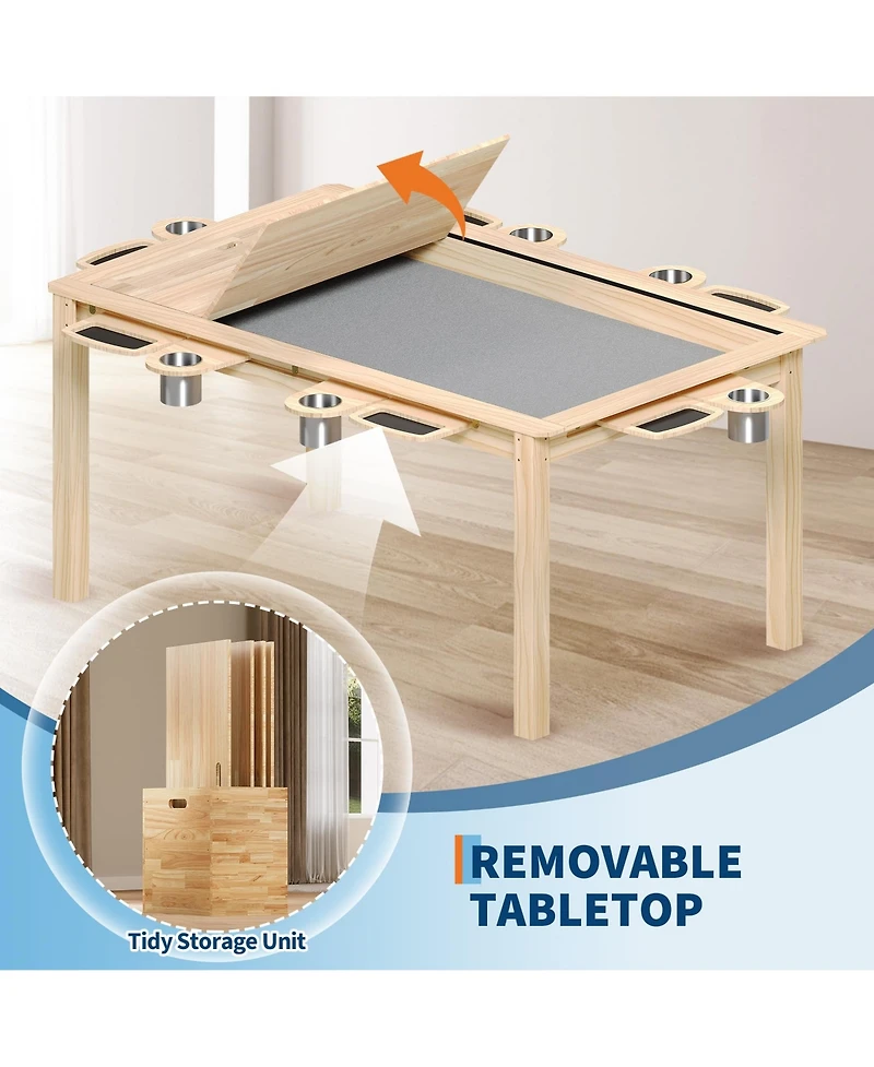 Game Table for 4-6 Players with Removable Table Top, 2-in-1 Dining and Board Game Poker Table with Detachable Cup Holders, Play Mat, Hidden Storage