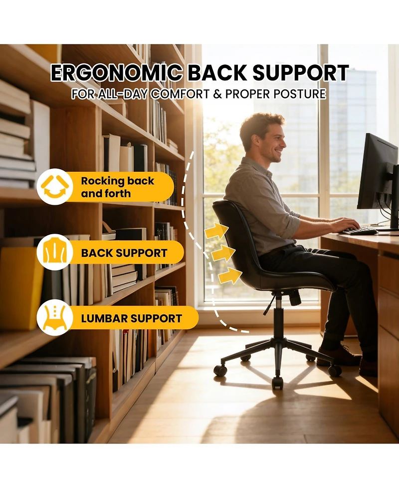 Office Chair with Wheels, Ergonomic Desk Chair, Black Modern Armless Swivel Computer Task Chair for Bedroom, Home Office, Dressing Room