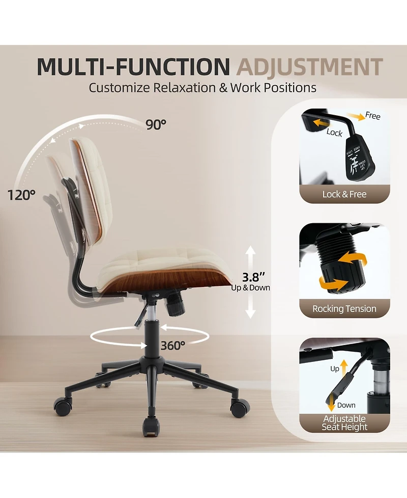 Home Office Armless Desk Chair with Wheels | Modern Adjustable Back, 360 Swivel, Adjustable Seat Height, for Office, Reading Meeting Room