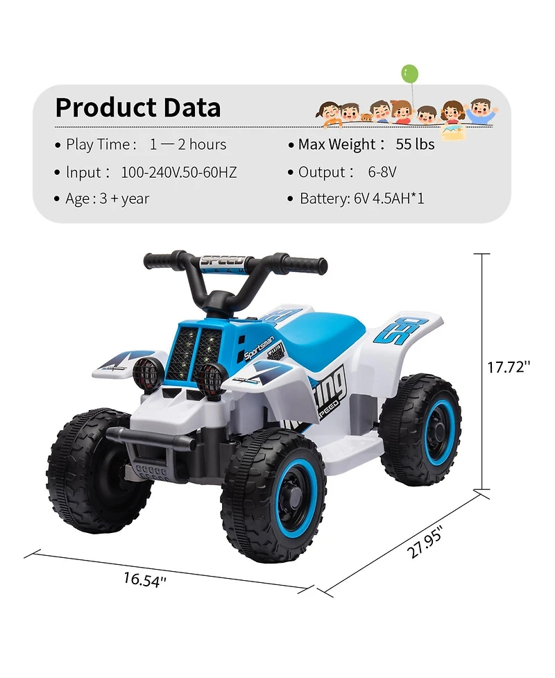 Electric 4-Wheeler Ride On Atv for Kids, 6V Powered, 1.76MPH Max Speed, Rubber Handles, Push-Button Accelerator, Ideal Toy Gift for Boys and Girls