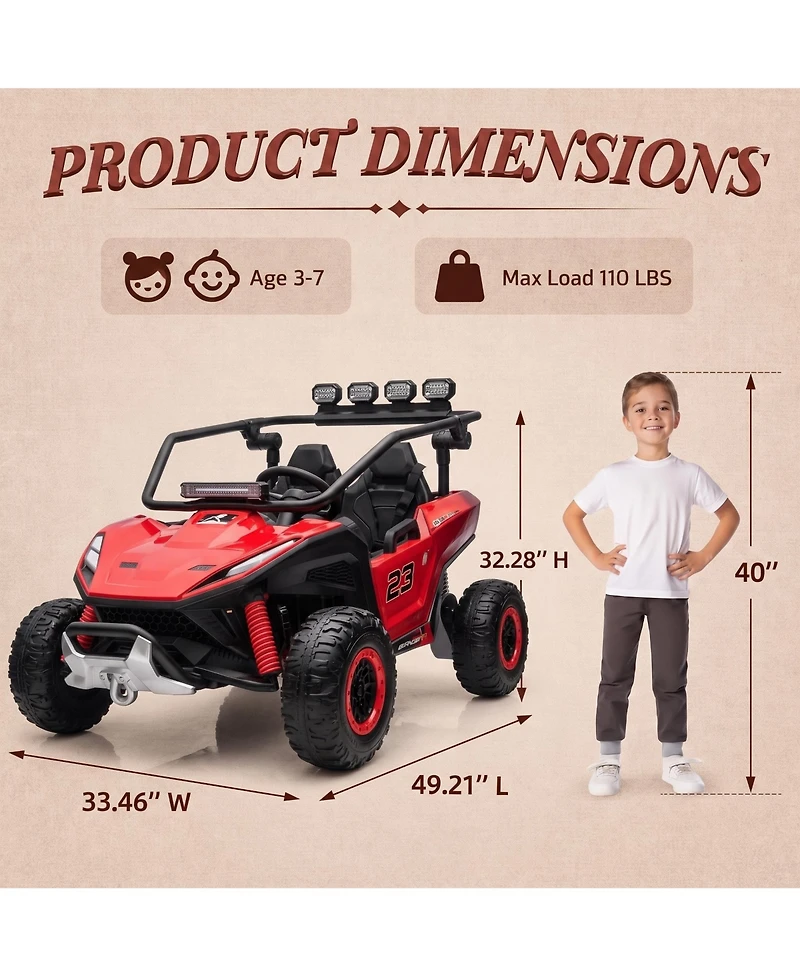 12V Off-Road Utv Ride-On Car, Parental Remote, Dual 40W Motors, Safety Belt, Horn and Led Lights, Electric Vehicle for Children 3-6