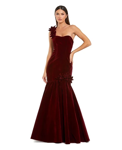 Mac Duggal Women's One-Shoulder Velvet Mermaid Gown with Floral Appliques