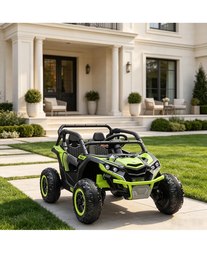 24V Kids Ride On Utv with Remote Control, 4WD Battery Powered Off Road Toy with Safety Bar for Outdoor Fun, Green, Ages 3-6