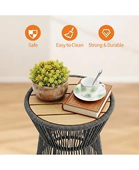 16" Round Woven Rope Outdoor Side Table, Gray Rope with Wood Top,Grey