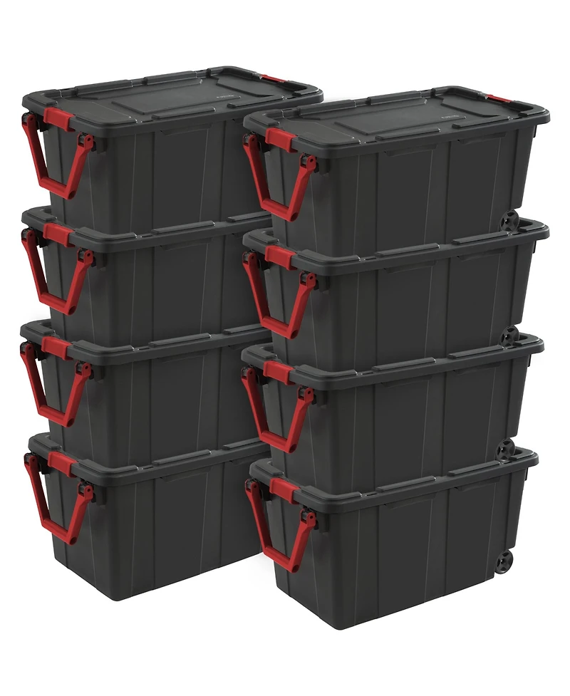 Sterilite Heavy Duty 40 Gallon Wheeled Industrial Storage Tote, Black (8 Pack)