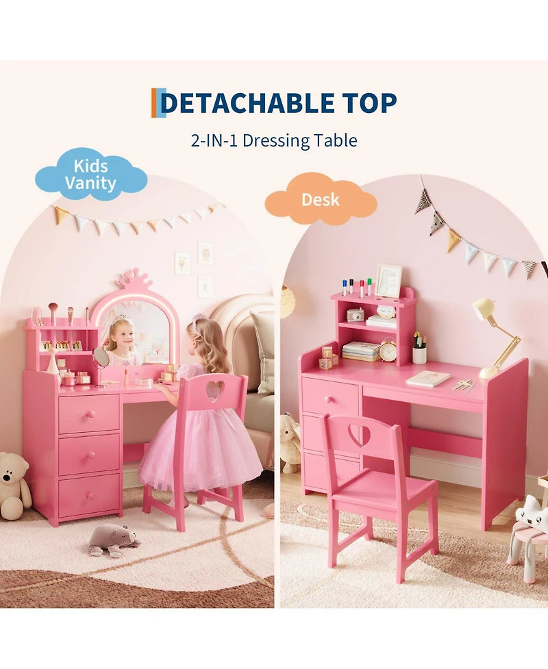 Girls Kids Vanity Desk with Mirror and Lights, Wooden Makeup Vanity Set with Chair, Storage Shelves and Drawers, Princess Dressing Table for Bedroom