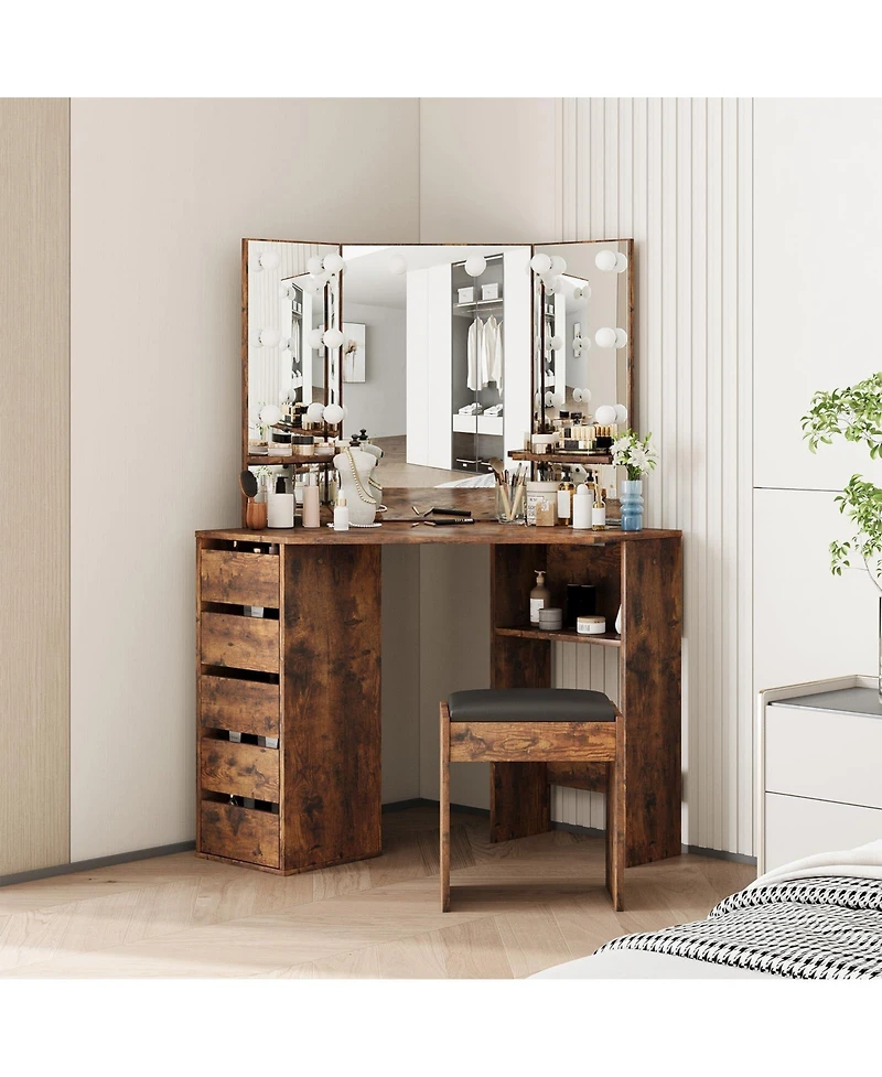 Corner Vanity Desk with Led Lighted Mirror, Makeup Table with Vanity Stool, 5 Drawers, Storage Shelves for Bedroom Bathroom