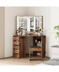 Corner Vanity Desk with Led Lighted Mirror, Makeup Table with Vanity Stool, 5 Drawers, Storage Shelves for Bedroom Bathroom