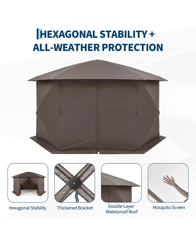 13 x Ft Hexagonal Pop Up Gazebos with Mosquito Netting, Outdoor Screen House Canopy for Patio, Camping, Backyard, Green/Khaki