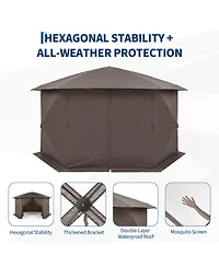 13 x Ft Hexagonal Pop Up Gazebos with Mosquito Netting, Outdoor Screen House Canopy for Patio, Camping, Backyard, Green/Khaki