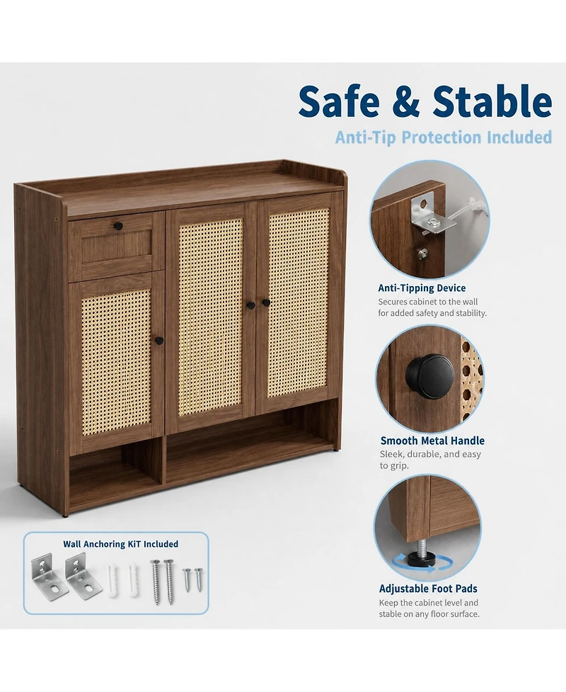 48.8x15.0x43.3in 3 Door 1 Drawer Shoe Cabinet with Rattan Details, Engineered Wood Entryway Storage for Hallway Bedroom, Light/Dark Brown