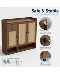 48.8x15.0x43.3in 3 Door 1 Drawer Shoe Cabinet with Rattan Details, Engineered Wood Entryway Storage for Hallway Bedroom, Light/Dark Brown