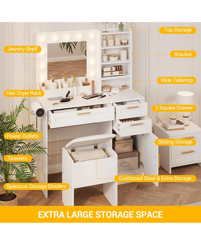 Vanity Desk Mirror and Led Lights, 3 Drawers, Cabinet, Cushioned Chair, Adjustable Brightness, Power Outlet, Hairdryer Holder, Bedroom Small Spaces