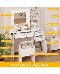 Vanity Desk Mirror and Led Lights, 3 Drawers, Cabinet, Cushioned Chair, Adjustable Brightness, Power Outlet, Hairdryer Holder, Bedroom Small Spaces