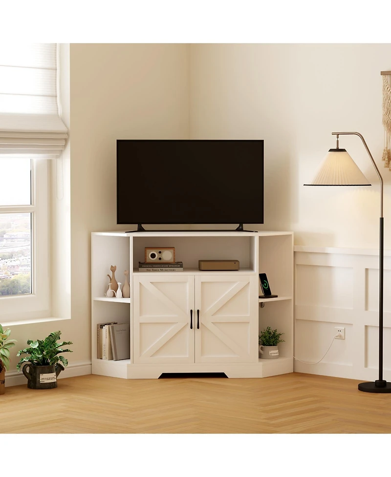 Corner Tv Stand for 55 Inch TVs with Outlet and Barn Doors, Farmhouse Entertainment Center with Adjustable Shelf, Cabinets for Living Room