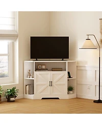 Corner Tv Stand for 55 Inch TVs with Outlet and Barn Doors, Farmhouse Entertainment Center with Adjustable Shelf, Cabinets for Living Room