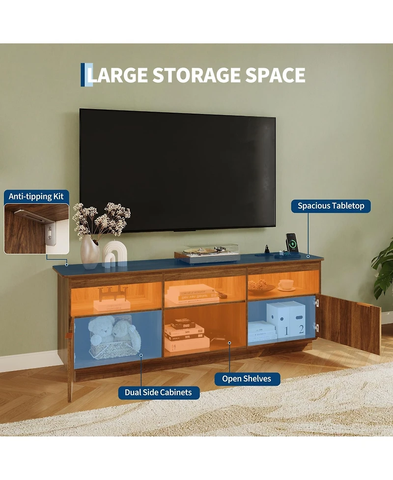 70"Mid Century Modern Fluted Tv Stand with Storage, for TVs Up to 80", Power Outlet, Led Light, Wood Media Console for Living Room