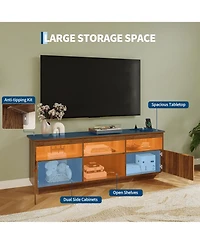 70"Mid Century Modern Fluted Tv Stand with Storage, for TVs Up to 80", Power Outlet, Led Light, Wood Media Console for Living Room