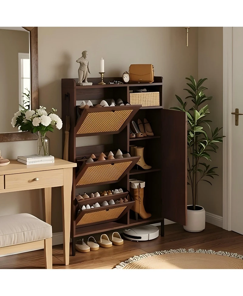 35x9x52in 3-Drawer Shoe Cabinet with Doors, Engineered Wood and Pe Rattan Entryway Storage Organizer, for Hallway Living Room, Light/Dark Brown