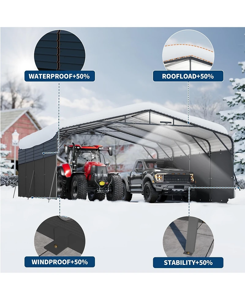 20' x 20' Hardtop Carport with Steel Roof and Solar Light, Heavy Duty Vehicle Shelter for Parking Patio Driveway, Dark Gray