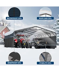 20' x 20' Hardtop Carport with Steel Roof and Solar Light, Heavy Duty Vehicle Shelter for Parking Patio Driveway, Dark Gray