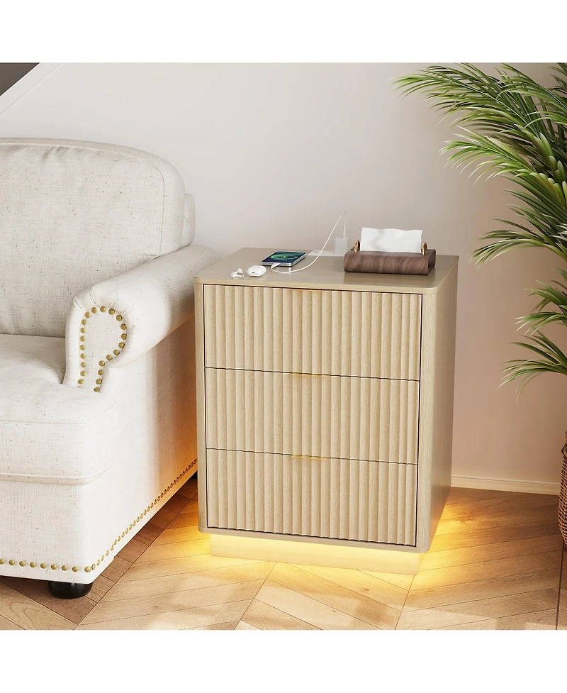 Set of 2 Light Oak Fluted Nightstands with Charging Station and Led Light, 3 Drawers