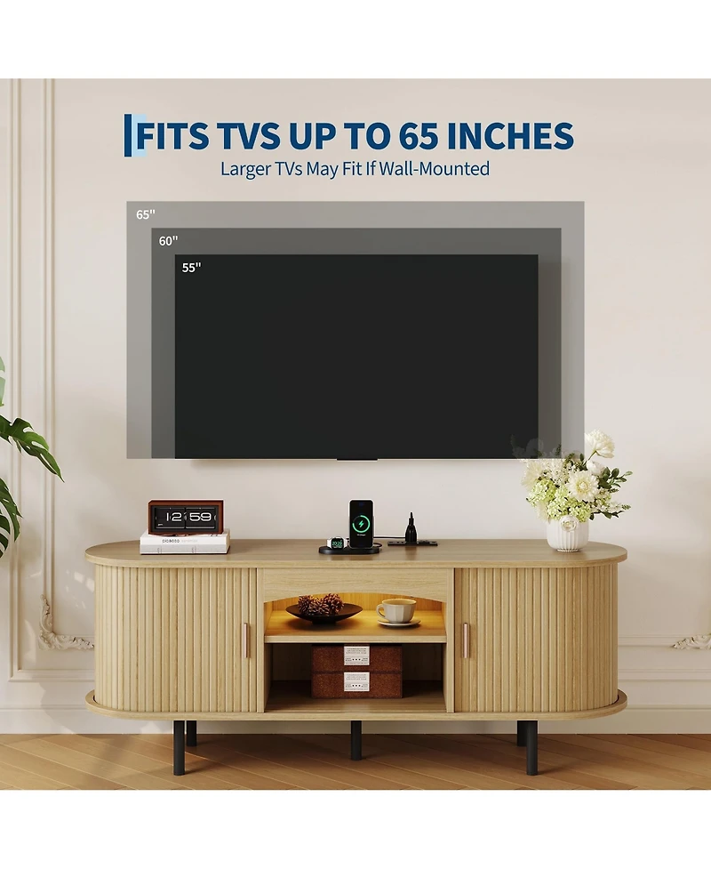 55"Fluted Tv Stand TVs Up to 65", Century Media Console Led Lights and Power Outlet, Center Storage, Sliding Door Adjustable Shelf for Living Room