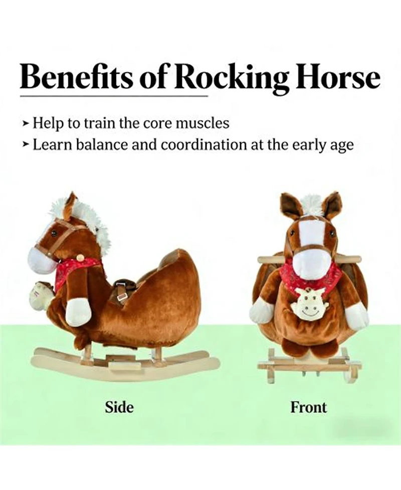Yobtop Rocking Horse Toy - Soft Kids Rocking Horse with Lullaby Music, Plush Body, Steel Frame, Safety Belt, Hand Puppets