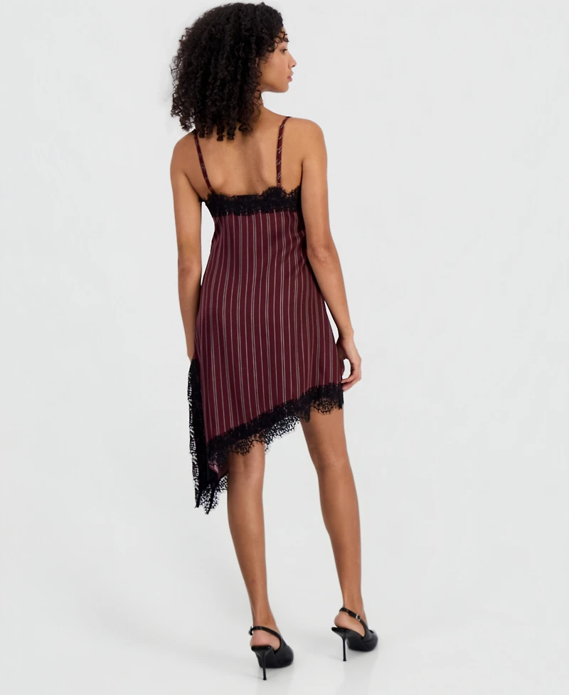 Bar Iii Women's Pinstripe V-Neck Lace-Trim Satin Dress, Macy's Exclusive