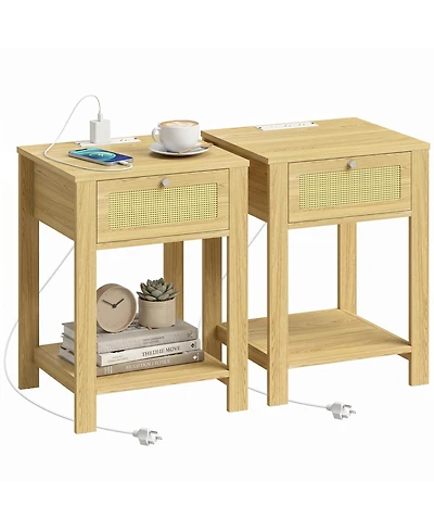 Homcom End Table Set of 2 with Charging Station, Bed Side Tables, Natural