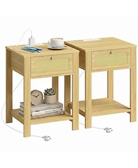 Homcom End Table Set of 2 with Charging Station, Bed Side Tables, Natural