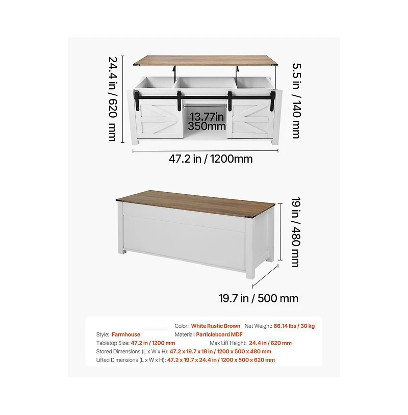 Slickblue Farmhouse Lift Top Coffee Table with Hidden Storage Compartment