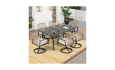 Erommy 7-piece Outdoor Patio Dining Set, 6 Woven Rattan Swivel Chairs With Cushions and Metal Slat Table With 1.96" Umbrella Hole