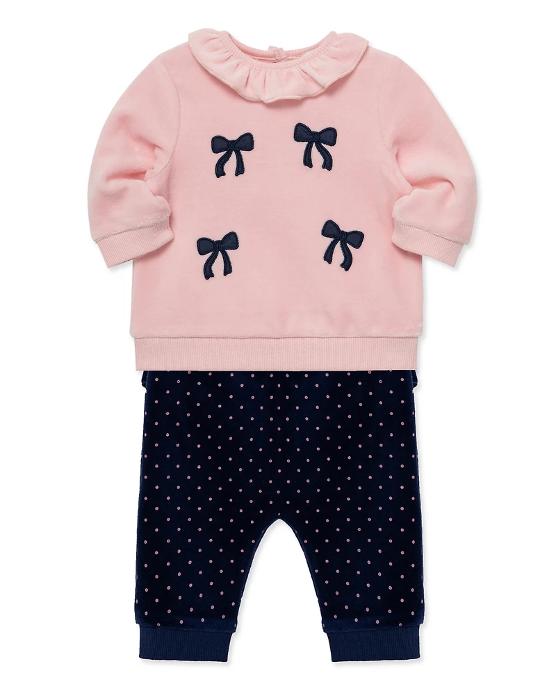 Little Me Baby Girls' Chenille Bows Velour Top and Dot Print Pants, 2-Piece Set