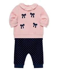 Little Me Baby Girls' Chenille Bows Velour Top and Dot Print Pants, 2-Piece Set