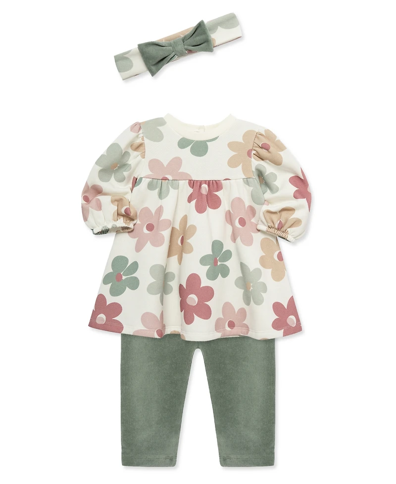 Little Me Baby Girls' Floral Print Sweatshirt Dress, Pants and Headband, 3-Piece Set