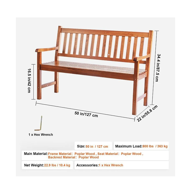 Slickblue 50in Outdoor Wooden Bench with Armrests for Garden Yard and Park