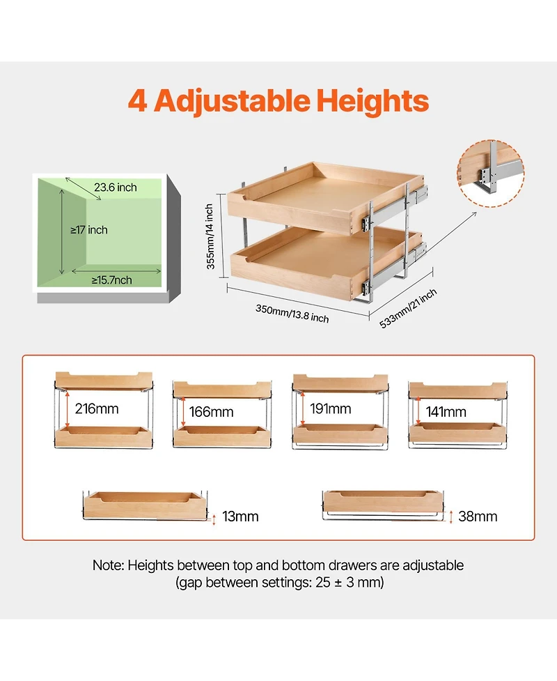 Sugift 2-Tier Pull Out Cabinet Organizer D Soft Close Sliding Wood Drawer