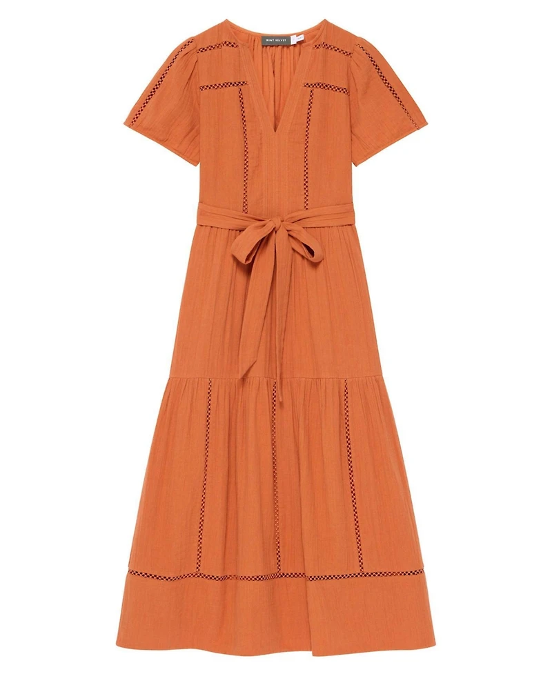 Mint Velvet Women's V-Neck Short-Sleeve Cotton Cheesecloth Maxi Dress