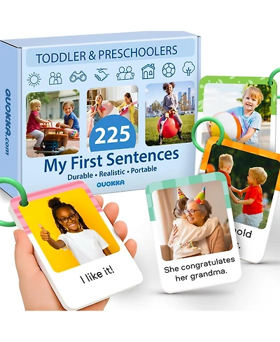 Quokka 225 Toddler First Sentence Flash Cards with Rings - Realistic Learning Cards for Ages 1 - 3 - Family, Daily Routine and Everyday Phrases