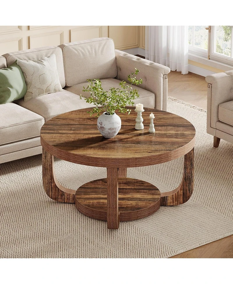 Tribesigns Round Coffee Table, 2-Tier Circle Coffee Table with Storage, Thick Tabletop and Base