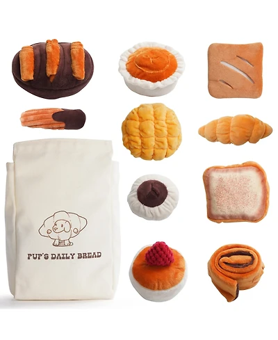 Nocciola 10 Pack Bread Dog Toy Set with Grocery Bag, Cute Crinkle Squeaky Plush Toys, Hide and Seek Enrichment Toy for Small to Medium Dogs