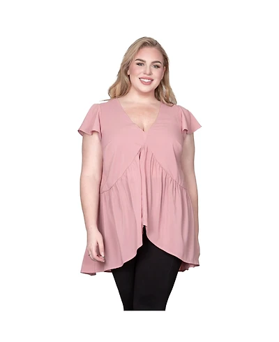 Standards & Practices Plus Deep V-Neck Ruffle Cap Sleeve High-Low Hem Tunic Blouse