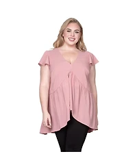 Standards & Practices Plus Deep V-Neck Ruffle Cap Sleeve High-Low Hem Tunic Blouse