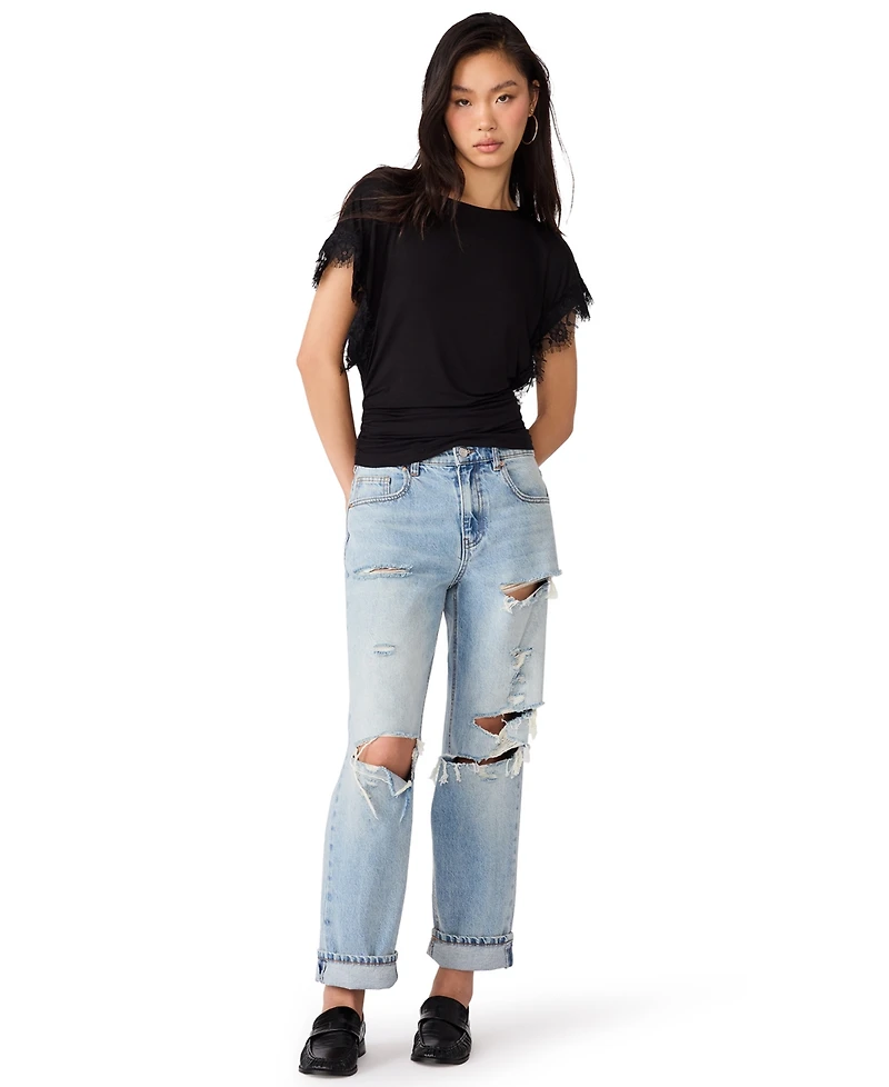 Steve Madden Women's Paloma Lace Boat Neck Short-Sleeve Knit Top